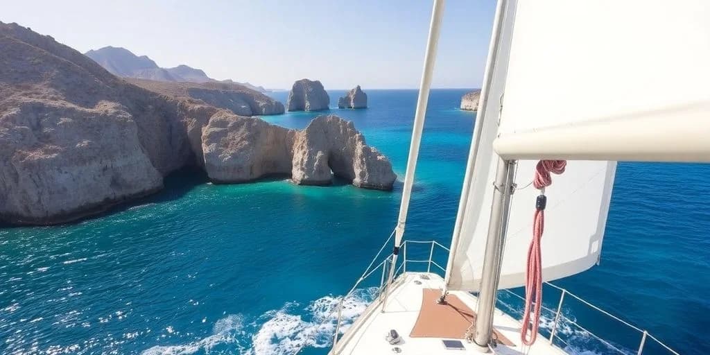 Sailboat bow at Getting Sailing Certified in Los Cabos with rock formations, blue water