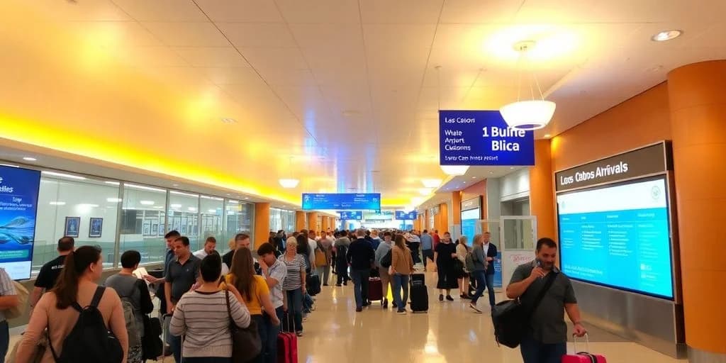 Airport terminal at Getting Through Los Cabos Airport Customs: Pro Tips with many people, blue signs