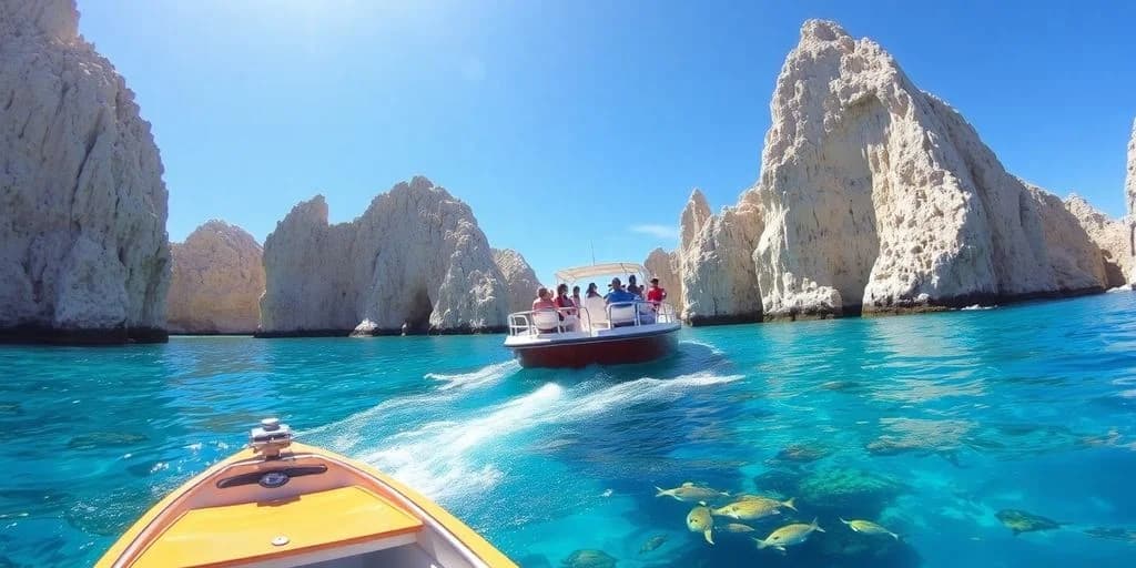 Tour boat at Glass Bottom Boat Tours in Los Cabos in clear blue water, rock formations