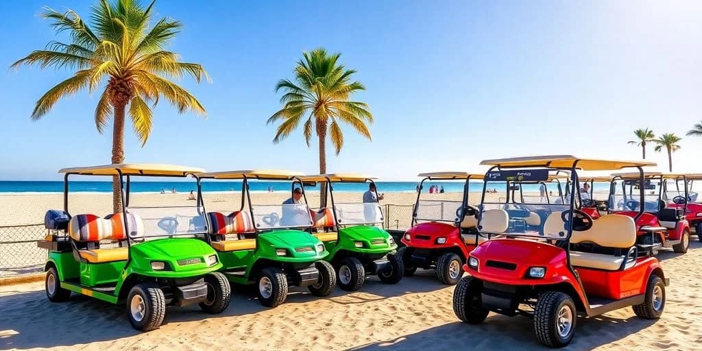 Golf carts at Golf Cart Rentals in Los Cabos: Rules & Best Companies on sandy beach, palm tree