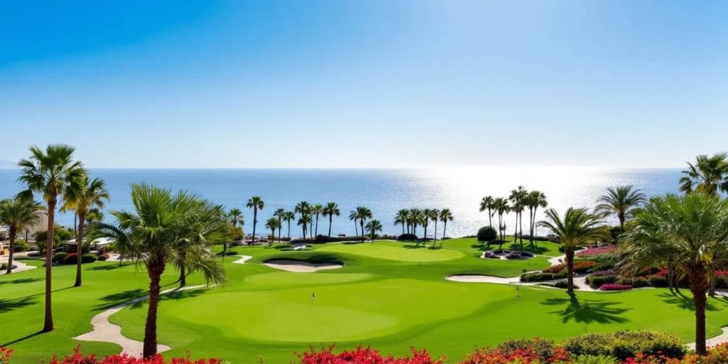 Golf course at Golf, Spa, and Endless Luxury at Secrets Puerto Los Cabos with ocean view, palm trees