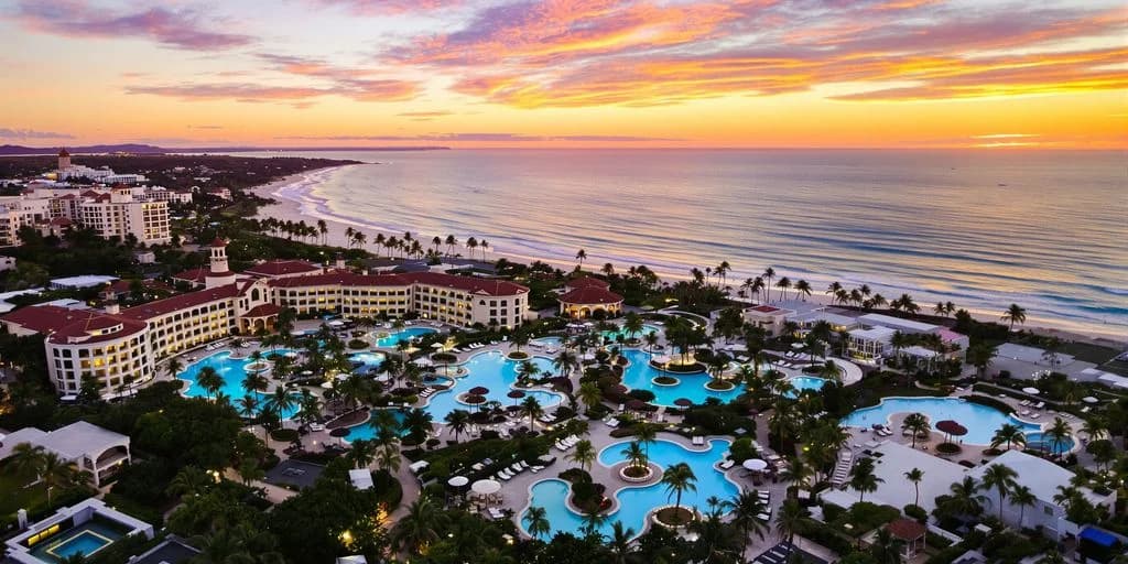 Resort aerial at Grand Fiesta Americana Cabo: $400/Night vs $1,200 Competitors multiple pools, beach, sunset sky