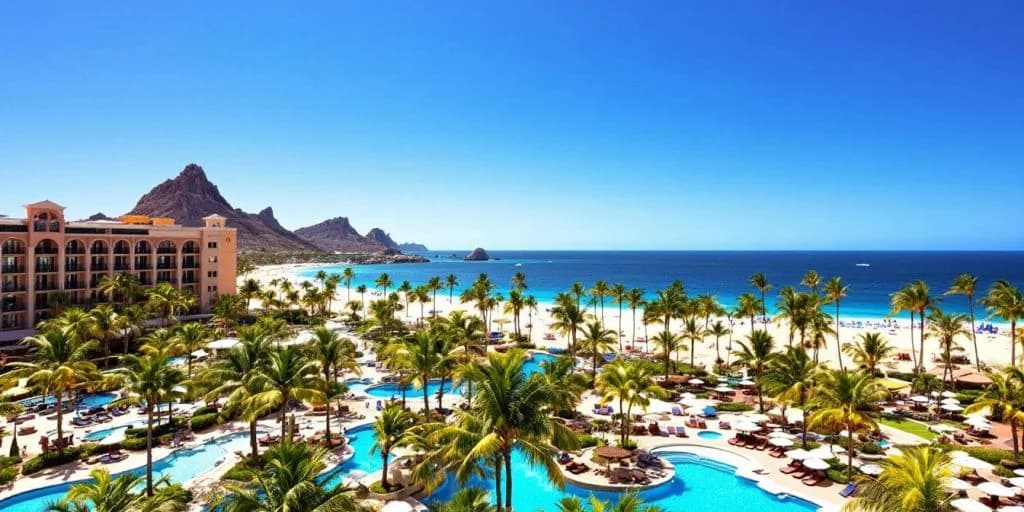Resort aerial 2 at Grand Fiesta Americana Is Cabo's Premier All-Inclusive Resort multiple pools, beach, clear sky