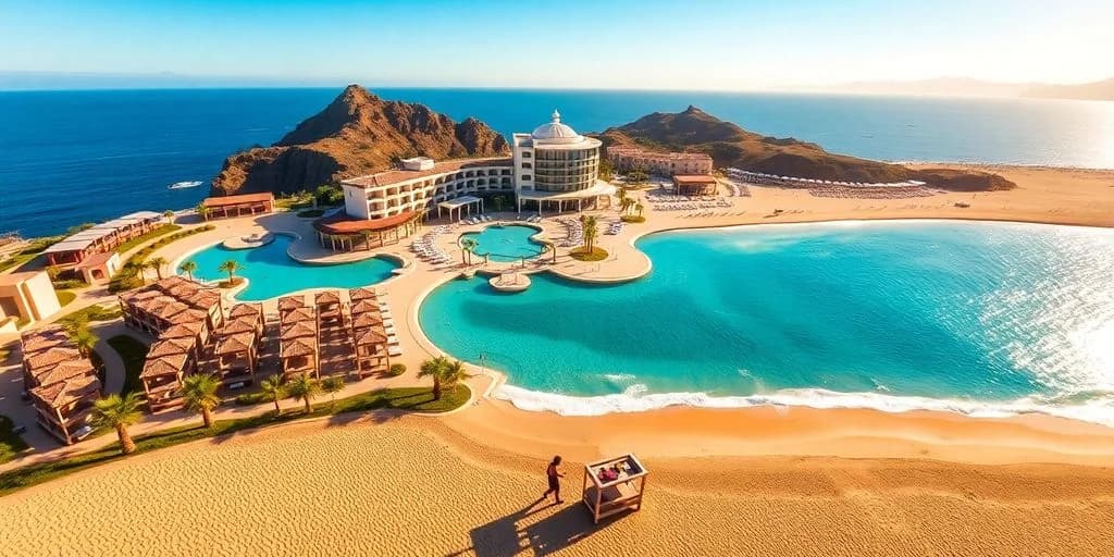 Resort aerial 4 at Grand Solmar Cabo San Lucas: Book Your Paradise! large lagoon pool, sandy beach