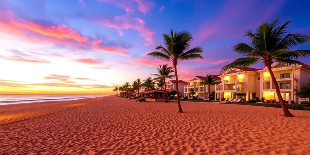 Beach sunset at Grand Solmar Cabo: ¡Tu escape definitivo! palm trees, resort buildings
