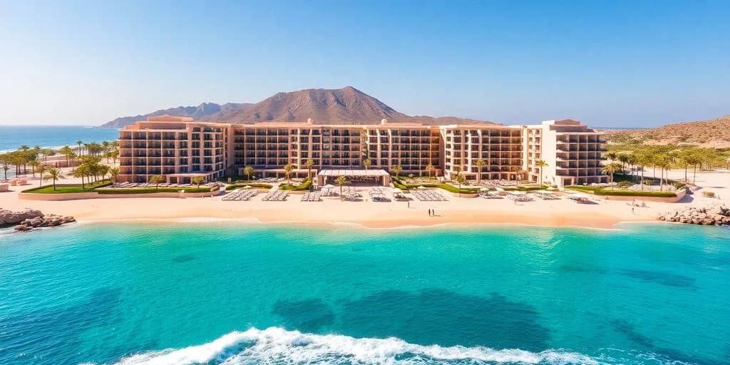 Hotel exterior facade at Grand Solmar Los Cabos: ¡Tu Escape de Lujo! from ocean, with beach