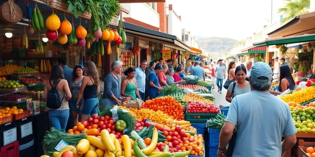 Outdoor market at Grocery Prices in Los Cabos: Tourist Areas vs. Local Markets with fresh produce, shoppers