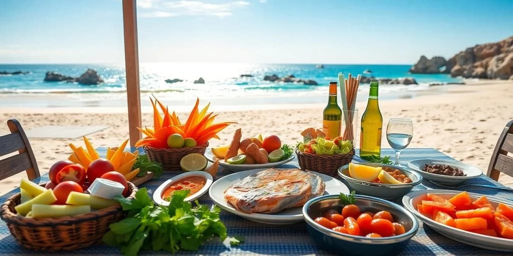 Beachfront dining at Guide to Jewish Services and Kosher Food in Cabo with grilled fish, ocean view
