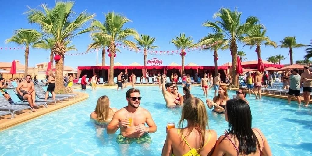 Pool party at Hard Rock Cabo: Unmissable Deals Inside! with palm trees, resort background