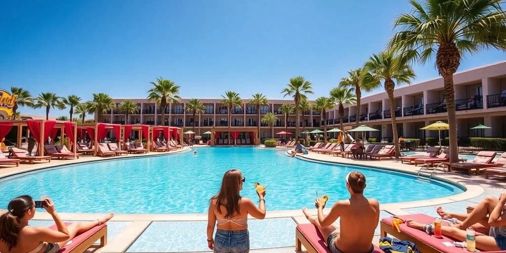 Large swimming pool at Hard Rock Hotel Los Cabos: Rock Star Treatment Awaits! with resort building, people