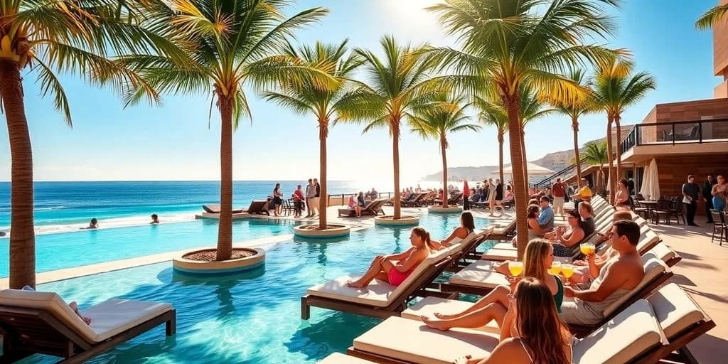 Resort pool at Hard Rock Los Cabos: Rock Your Stay! with palm trees, ocean beyond
