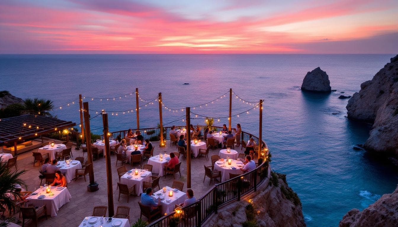 Cliffside restaurant at The Untouchables: Cracking the Code to Cabo's Hard-to-Get Luxury Experiences at sunset, with string