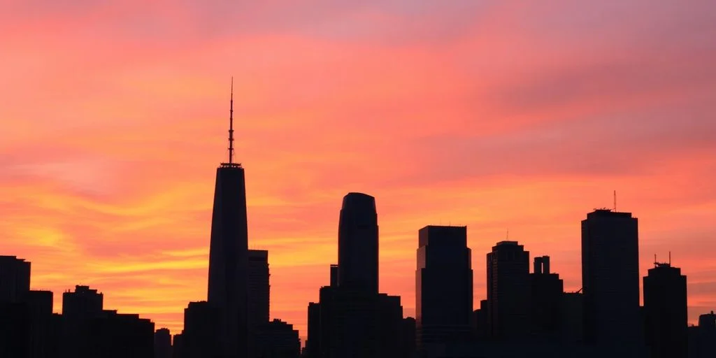 City skyline at Headline silhouetted against sunset sky