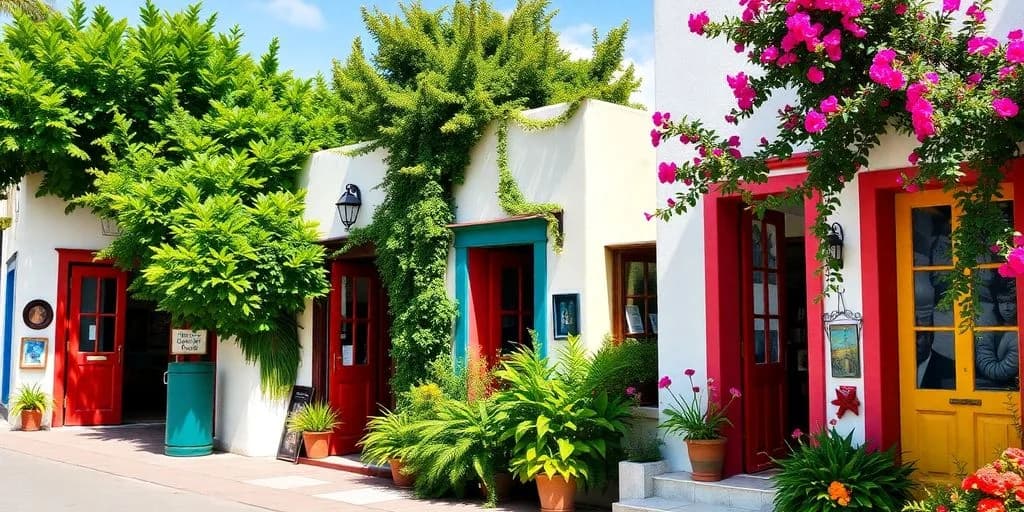 Building exterior at Hidden Art Galleries in Todos Santos: Local's Guide with red door, green foliage