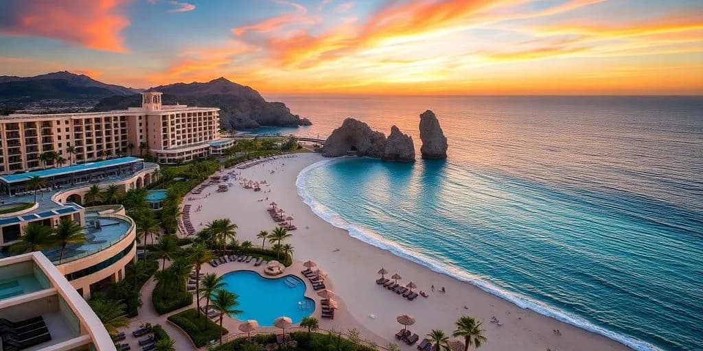 Beach resort at Hilton Cabo: Exclusive Deals InsideDon't Miss Out! aerial view, sunset sky