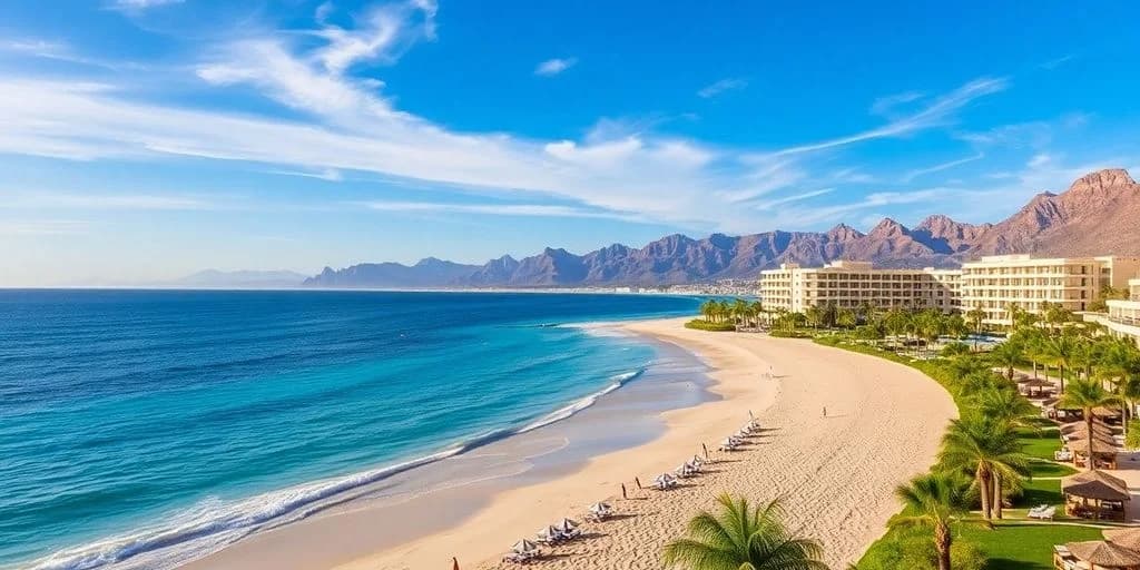 Long sandy beach at Hilton Los Cabos Beach & Golf: Your Luxury Getaway! with ocean, mountains, resort