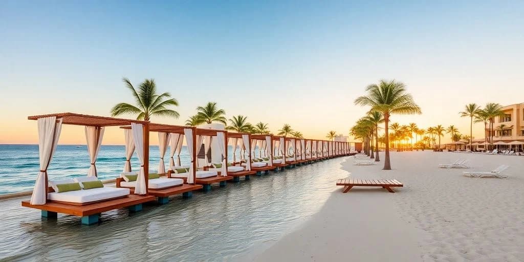 Overwater cabanas at Hilton Los Cabos: Lujo Redefinido¡Reserva Ahora! at sunset, on beach