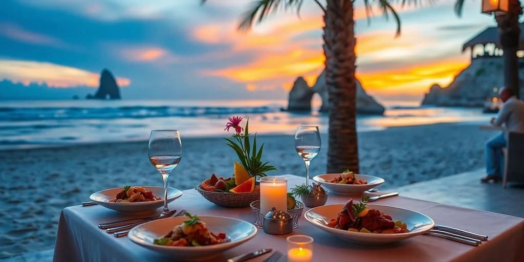 Dining table at Hiring a Private Chef in Cabo: Prices & What to Expect at sunset, on beach, with ocean