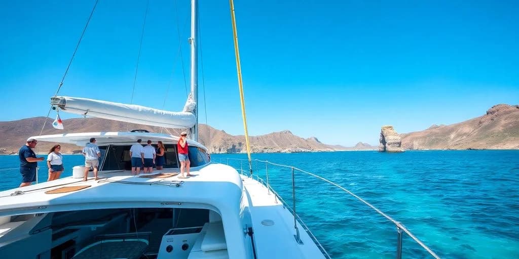 Catamaran deck at Hiring Yacht Crew in Cabo: Complete Guide with mountains, clear blue water
