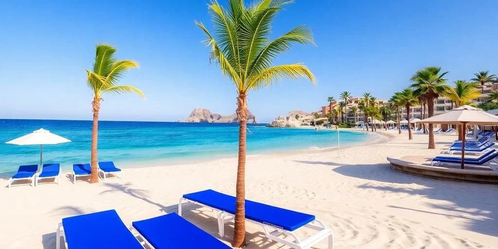 Beach lounge chairs at Honest Beach Club Reviews in Cabo under palm tree, with ocean