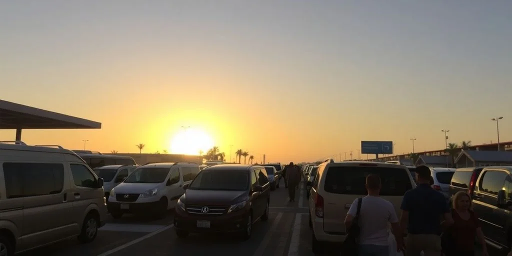 Parking lot at Honest Review: Best & Worst Airport Transfer Services in Los Cabos at sunset, with palm trees