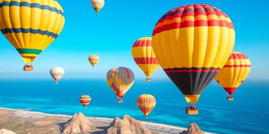 Hot air balloons at Hot Air Balloon Rides Over Cabo over ocean, with mountains