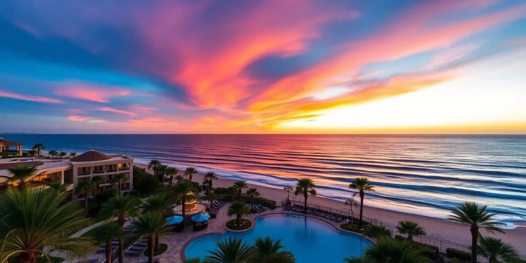 Resort pool 2 at Hotel Cabo San Lucas: Find Your Perfect Stay! at sunset, with ocean beyond