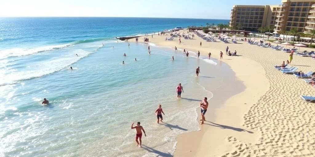 Crowded beach at Hotel Ziva Los Cabos: ¡Diversión Familiar Te Espera! people swimming and walking