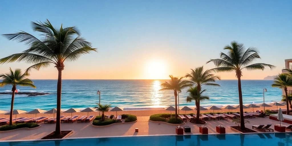 Resort pool 3 at Hoteles Todo Incluido en Los Cabos Ofrecen Ofertas Increíbles! at sunrise, with ocean, palm trees