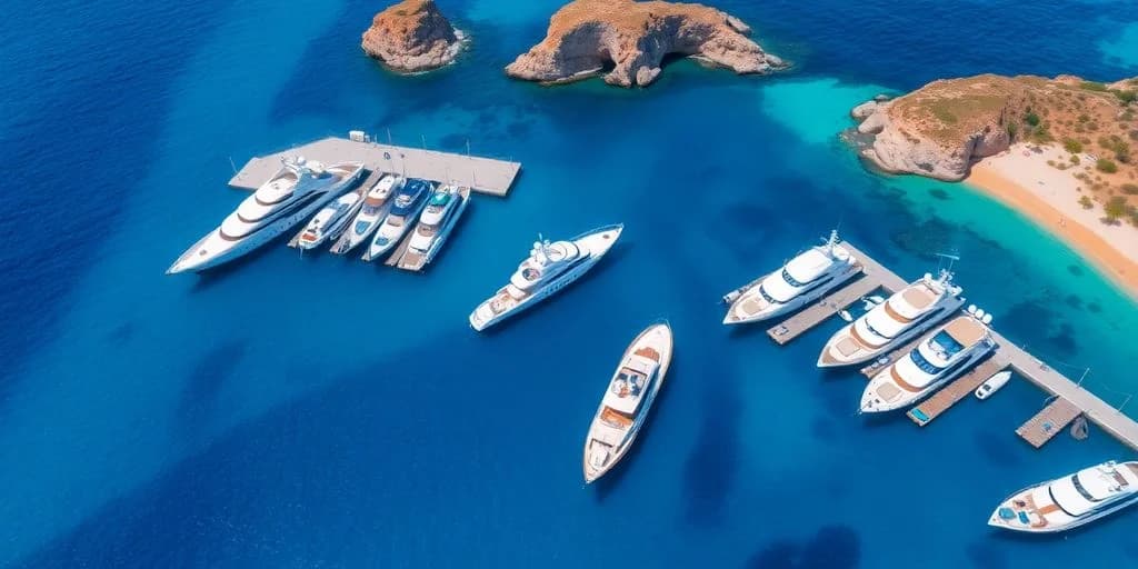 Yachts and dock at How Much Does it Really Cost to Rent a Yacht in Cabo? aerial view, with rocky islands