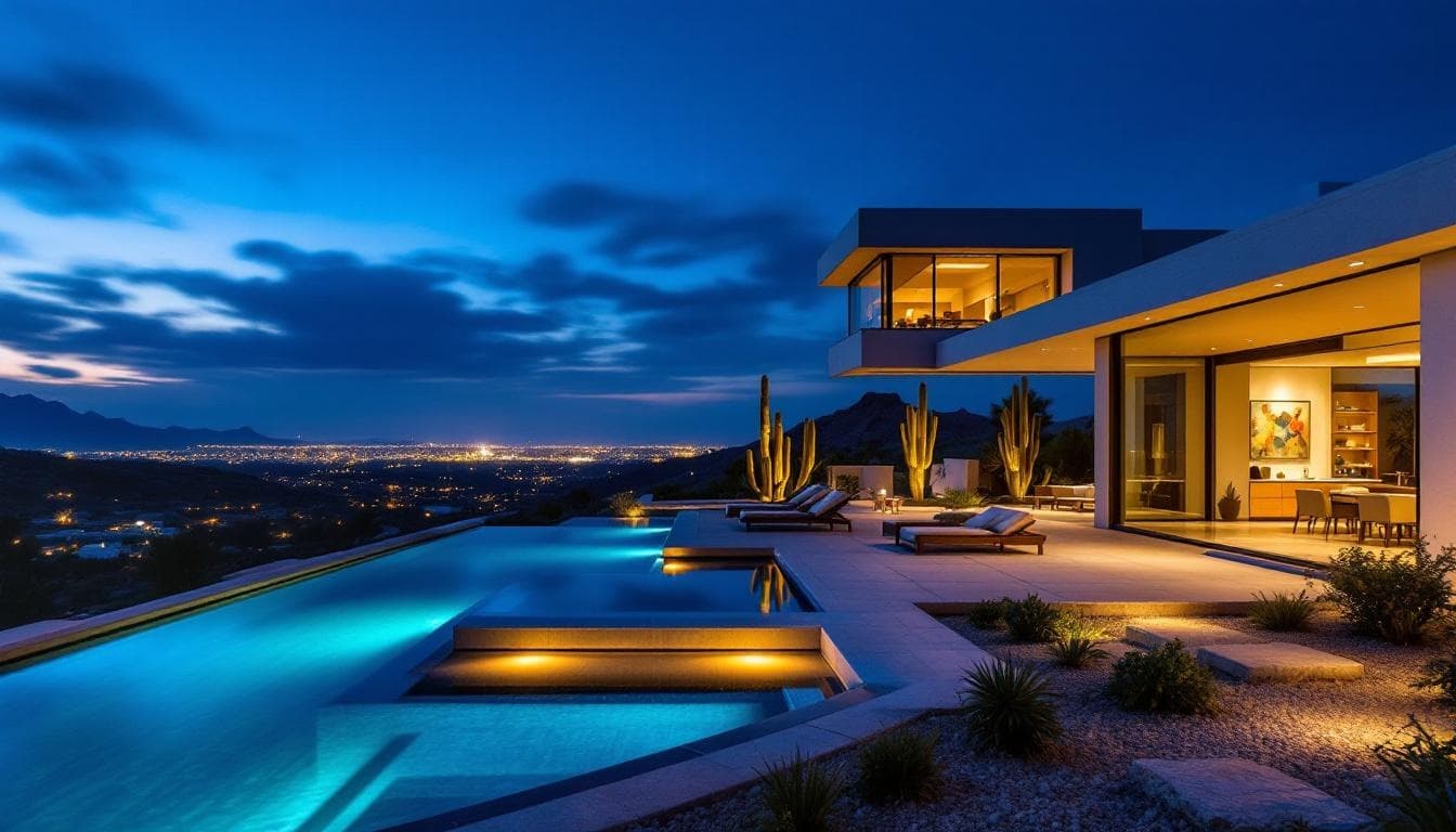 Infinity pool at Beyond the Brochure: Unveiling Cabo's True Luxury – An Insider's Guide at dusk, with city lights beyond