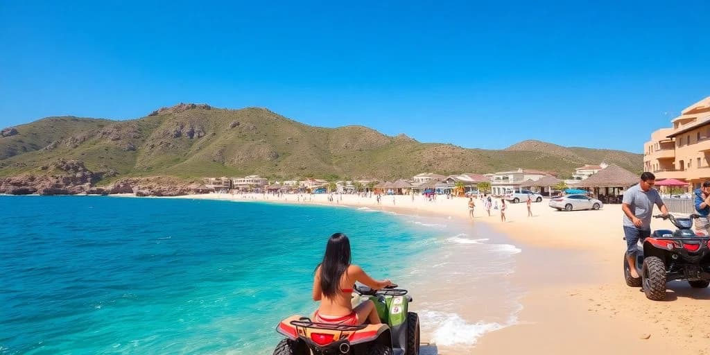 Woman on atv at How to Choose the Best Adventure Package in Cabo on beach, with mountains beyond