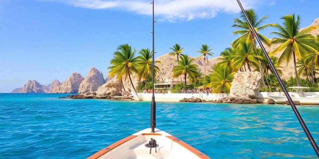 Boat view at How to Get a Fishing License in Los Cabos towards beach with palm trees
