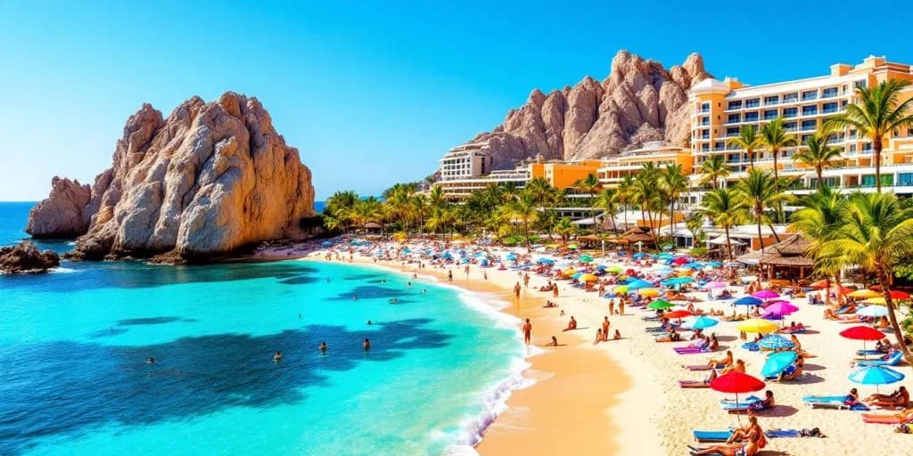 Crowded beach 4 at How to Get the Best Deals on Cabo San Lucas All-Inclusive Vacations with hotels and mountains
