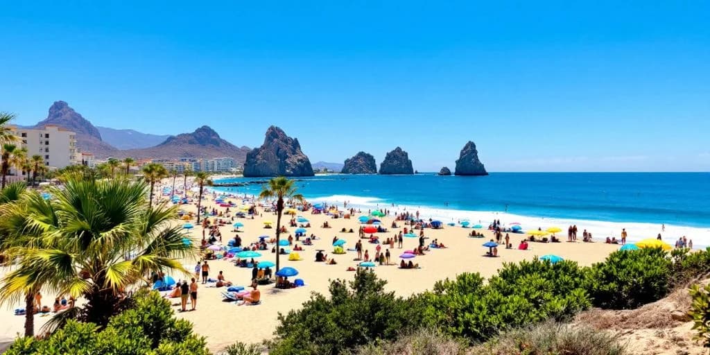 Crowded beach 5 at How to Get the Best Deals on Flights to Cabo Mexico with umbrellas, palm trees, rocks