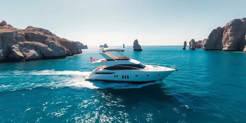 Luxury yacht at How to Rent a Private Yacht in Cabo San Lucas in 2026 on blue ocean, rock formations