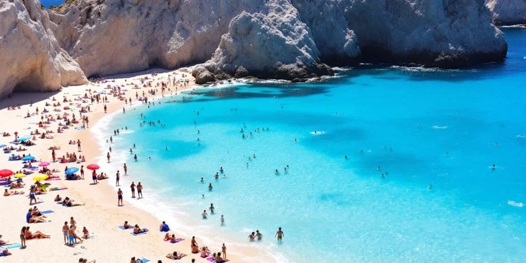 Beach scene at How to Score the Best Airfare Deals to Cabo San Lucas with many swimmers, white cliffs