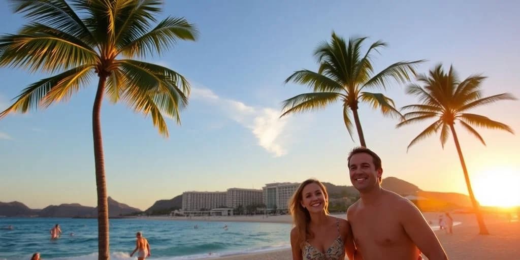 Beach couple at How to Survive (and Profit from) Cabo Timeshare Presentations with palm trees, resort in background