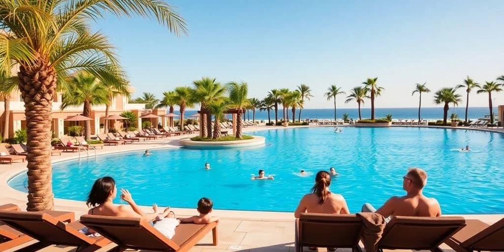 Resort pool 2 at Hyatt Los Cabos: Family Fun & Luxury Combined! with palm trees, people swimming