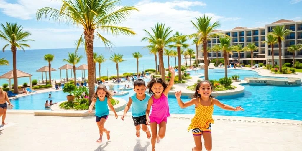 Children running 1 at Hyatt Ziva Los Cabos: Family Fun Awaits! by resort pool, ocean beyond
