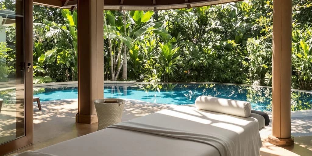Outdoor spa area at In-Villa Cabo Spa Services vs Resort Spa Price Comparison with pool, surrounded by plants