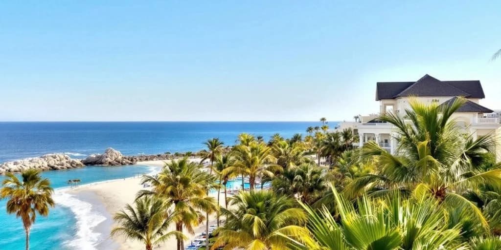 Resort overview at Indulge Yourself at Le Blanc Los Cabos, a Luxury Retreat with palm trees, ocean in distance