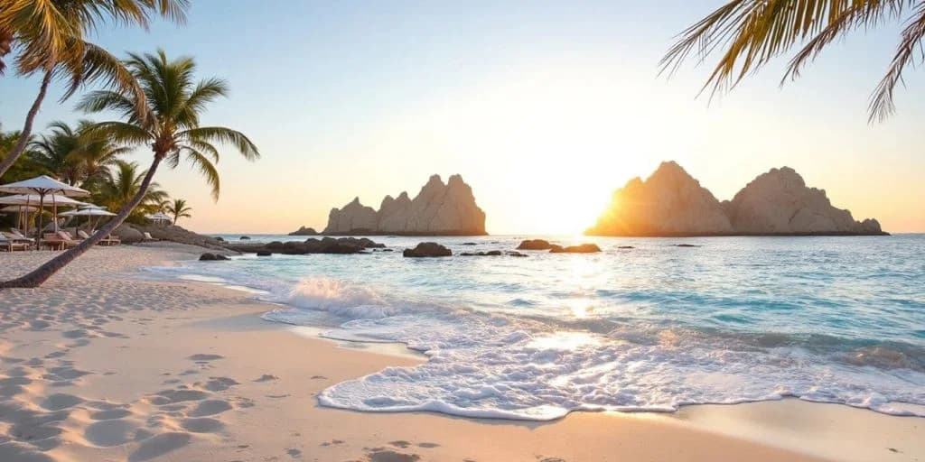 Beach ocean rocks at Inside Breathless Cabo, the Ultimate Adults-Only Escape at sunset, with waves
