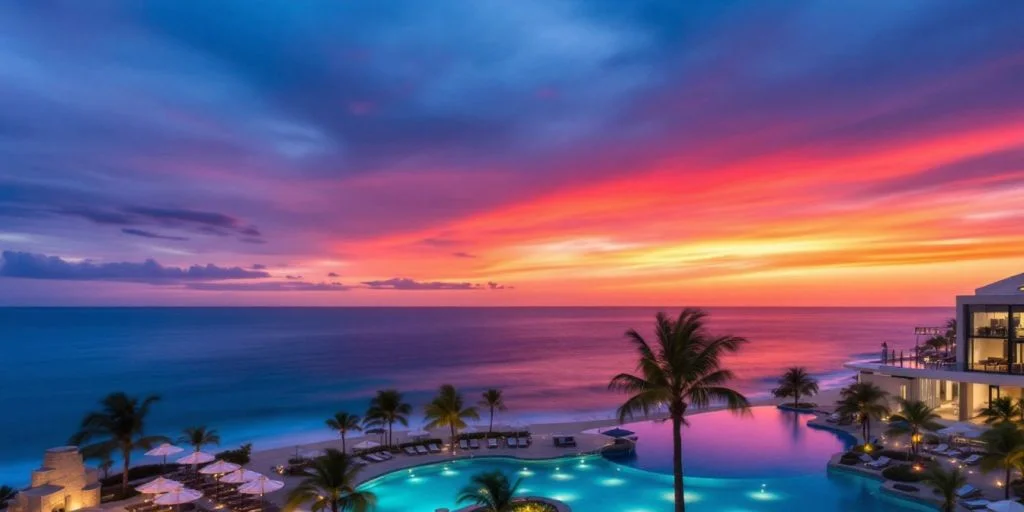 Infinity pool at Inside Nobu Hotel Cabo San Lucas, a Fusion of Luxury and Style at sunset, with ocean beyond