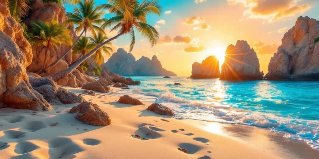 Beach ocean rocks 2 at Insider Tips on How to Find Cheap Flights to Cabo at sunset, with palm trees