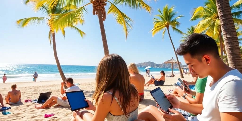 People on beach at Internet and WiFi in Cabo: Tourist Area Coverage Guide reading, under palm trees