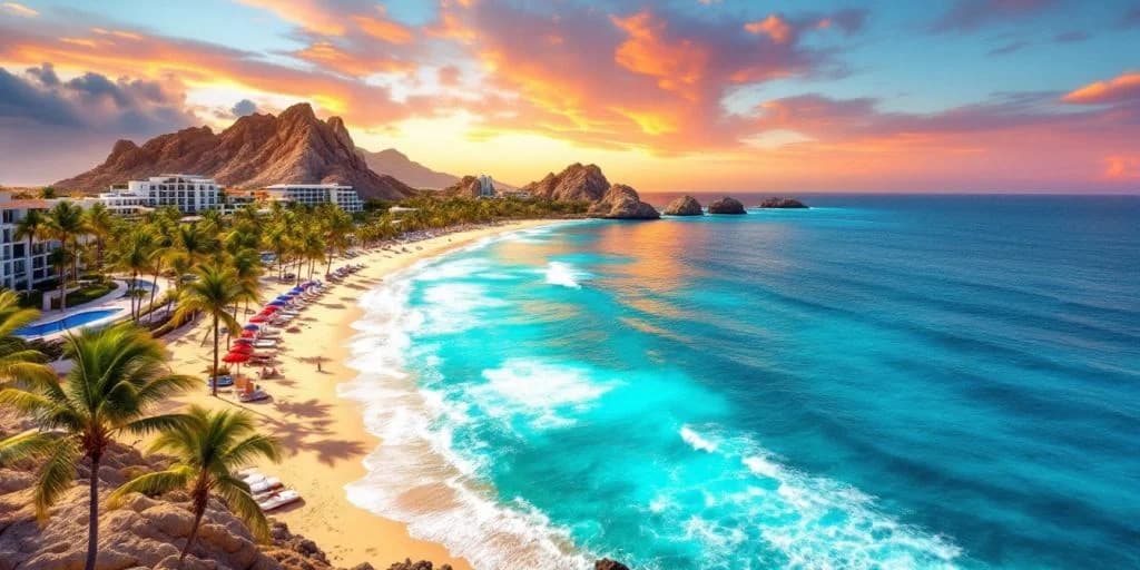 Beach aerial at Is All-Inclusive in Los Cabos Mexico Worth the Hype? at sunset, with turquoise water