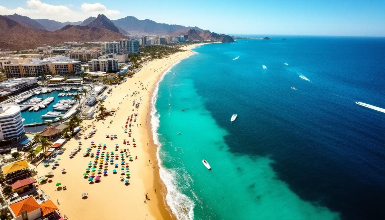 Beach aerial 2 at Is Cabo San Lucas Safe? 2026 Travel Safety Guide with boats, turquoise water