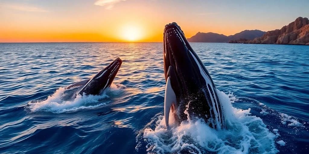 Humpback whales at Is November Good for Whale Watching in Cabo? Month-by-Month Guide breaching at sunset, ocean waves