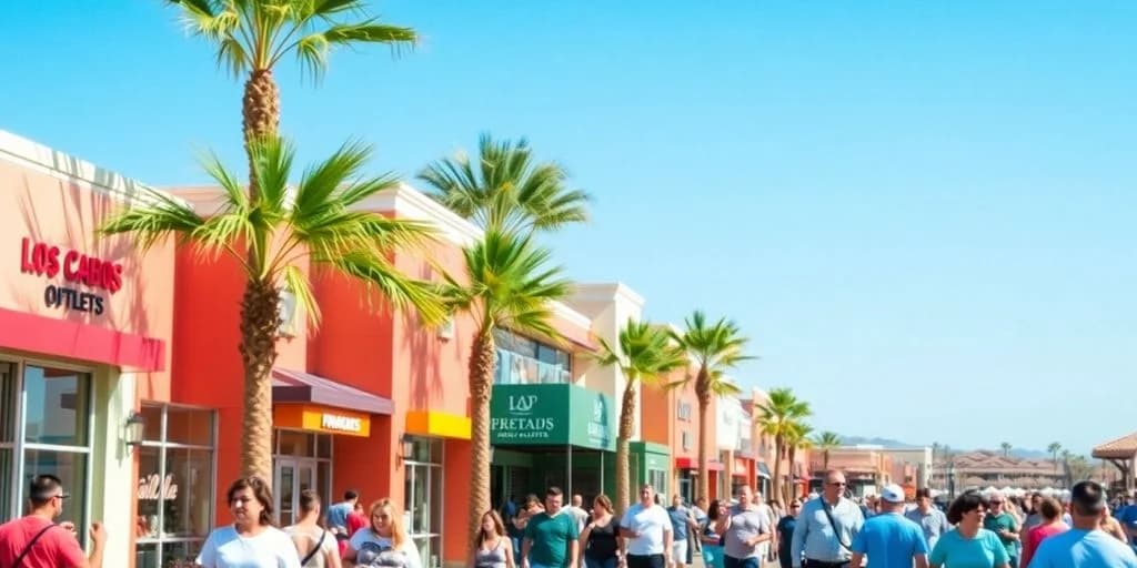 Outdoor shopping mall at Is Shopping at Los Cabos Premium Outlets Worth It? with palm trees, people walking